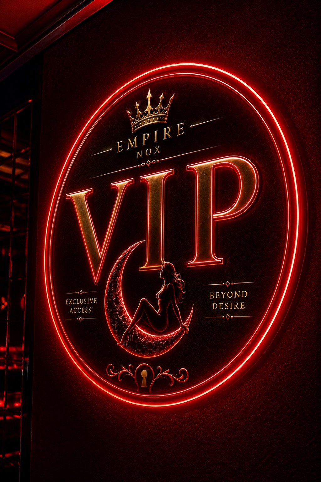 Glowing Empire Nox VIP neon crest on a dark wall