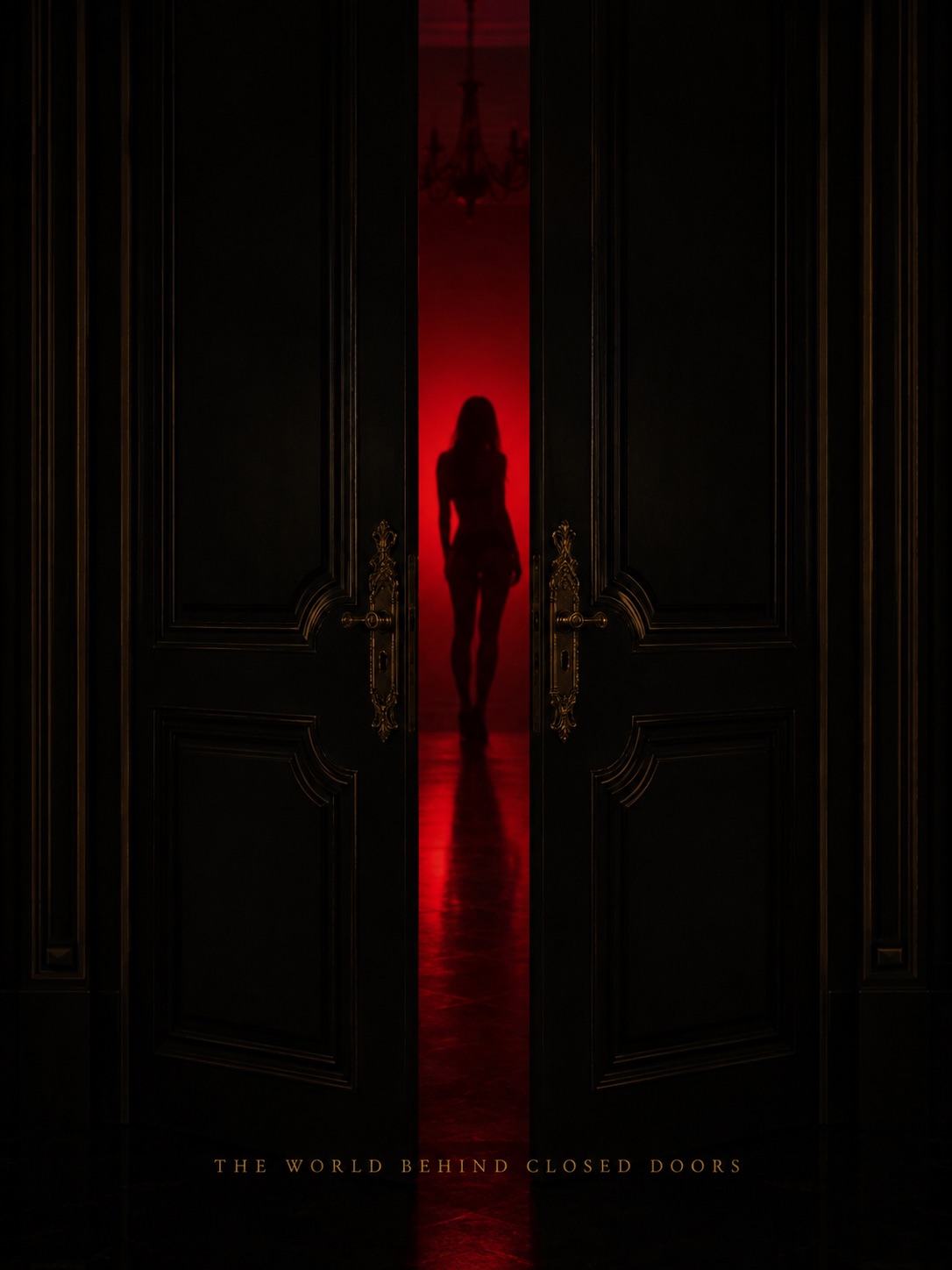 Silhouette of a woman behind tall doors opening into red light